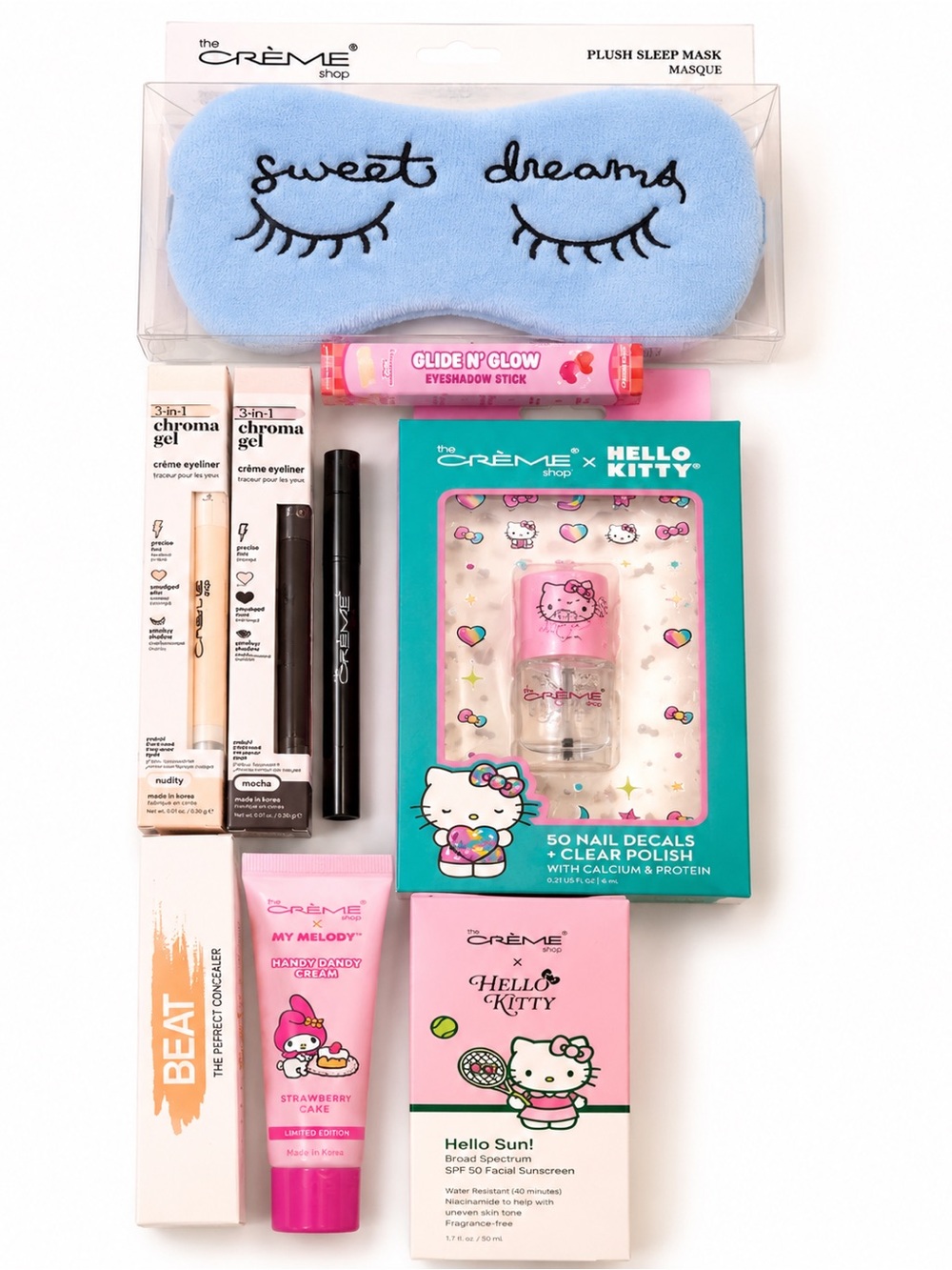 8 Piece Crème Shop Hello Kitty Melody Beauty Bundle Makeup Nail Set Sunscreen